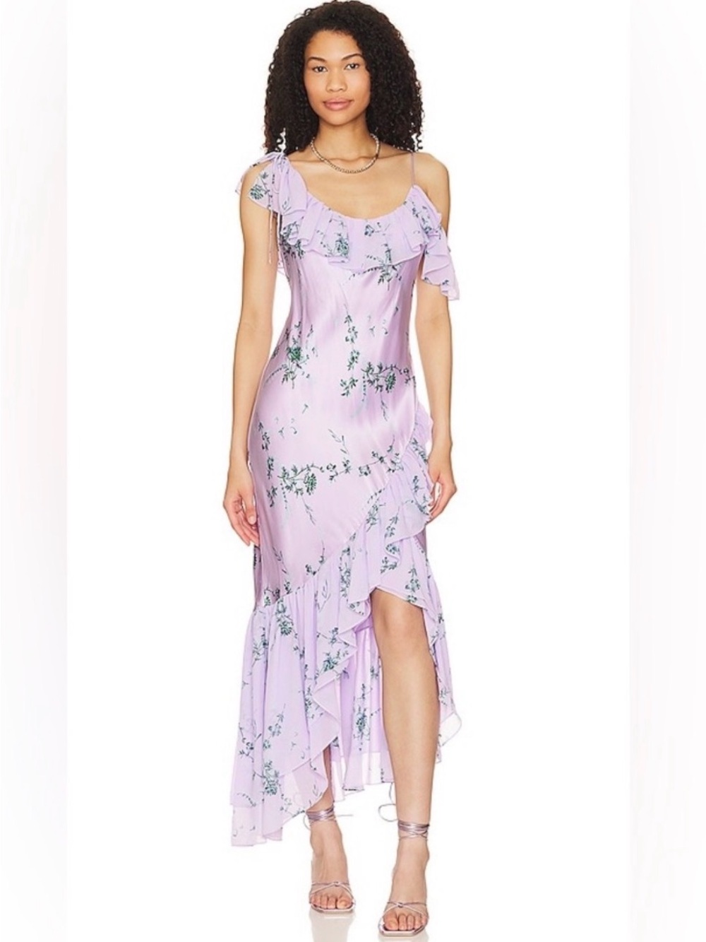 cinq a sept Lilac Floral One-Shoulder Ruffle Midi Dress